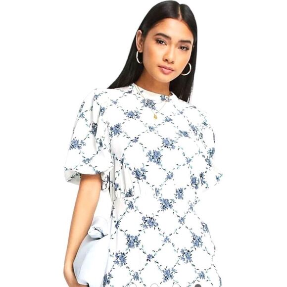 VERO MODA Puff Sleeve Midi Ruffle High Neck Tea Dress Floral in White Large NWT - Picture 2 of 10